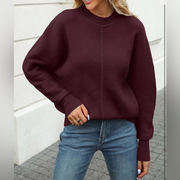 Gorgeous High Neck Burgendy Long Sleeve Knit Sweater Detail Line Down The Front💜 - Picture 2 of 6